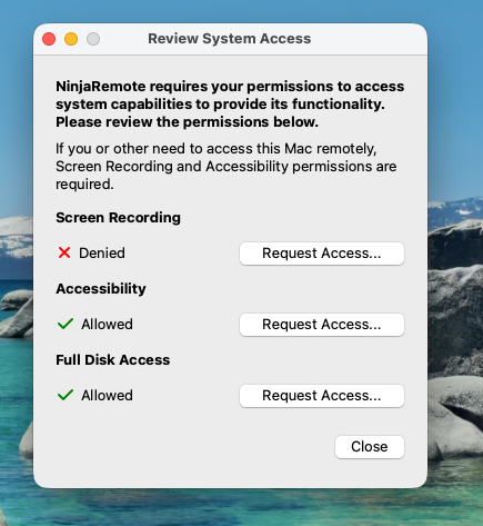 NinjaRemote Review System Access window showing Screen Recording denied with a Request Access button