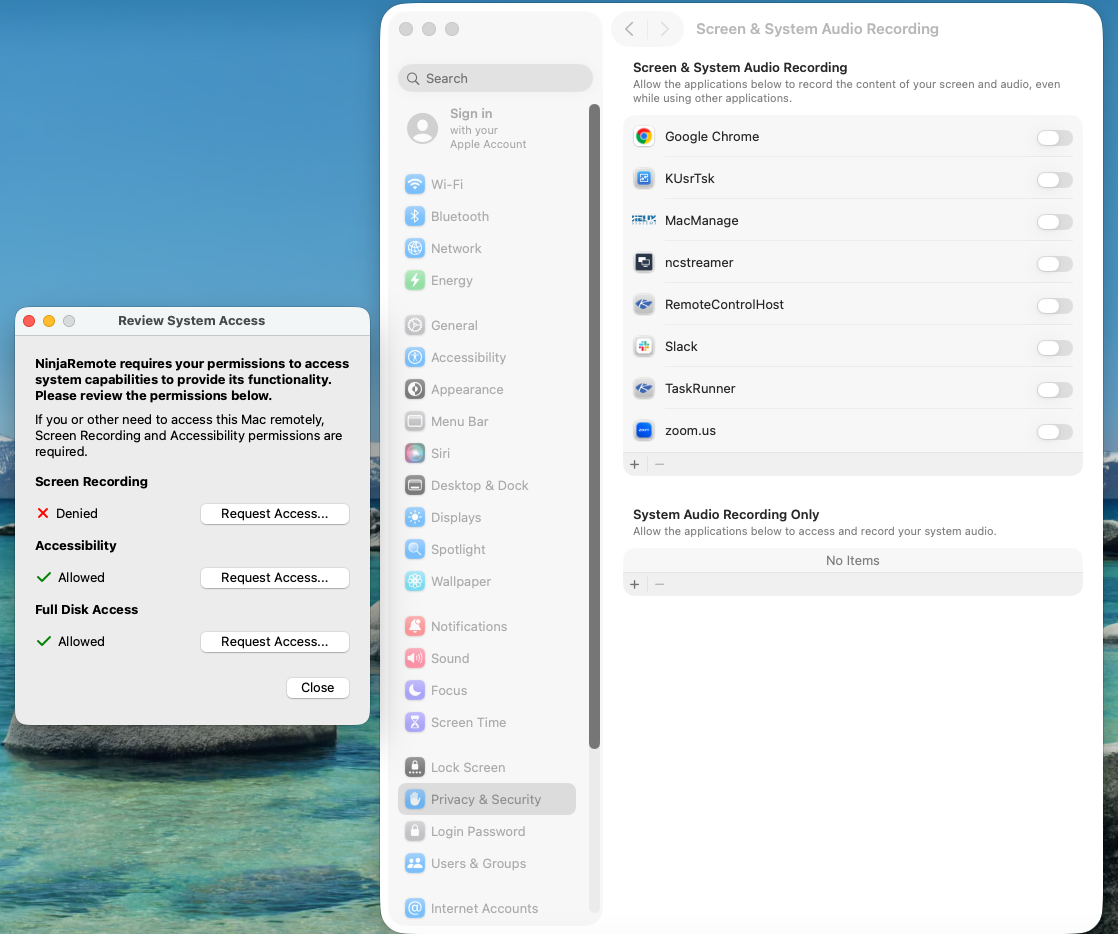 macOS Screen & System Audio Recording list in System Settings