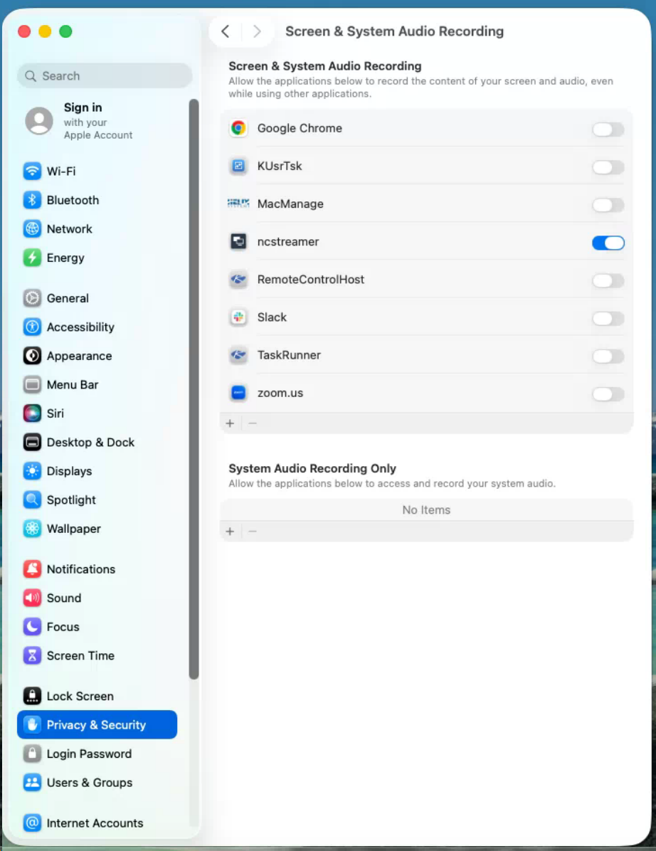 Screen & System Audio Recording toggle switched on for ncstreamer