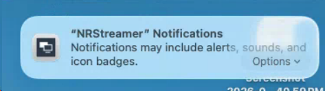 NRStreamer notifications permission prompt — click Allow