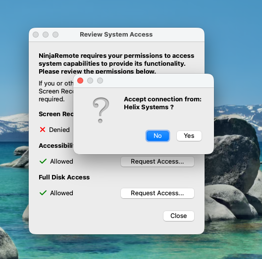 NinjaRemote prompt asking to accept a connection from Helix Systems — click Yes