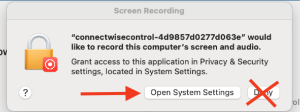 macOS Screen Recording permission prompt — choose Open System Settings, not Deny