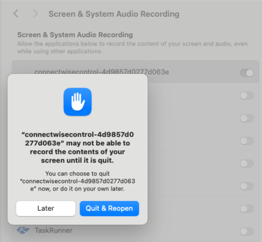 Prompt to quit and reopen connectwisecontrol — click Quit & Reopen