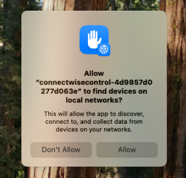 Prompt asking to allow connectwisecontrol to find devices on local networks